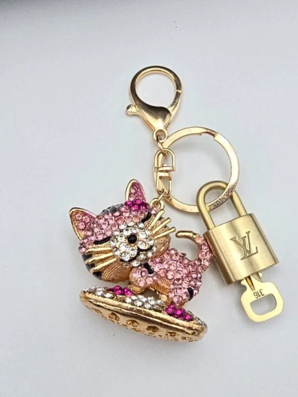 Louis Vuitton Gold Padlock Key 🔒 Authentic LV Charm + Unbranded Cat Keychain